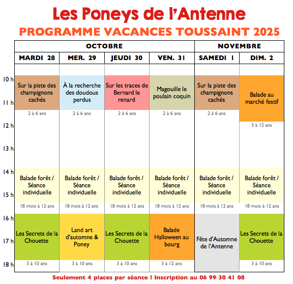 Programme des vacances de la Toussaint au centre équestre de Sévérac. Animations à poneys, Balades à poneys, activités enfants