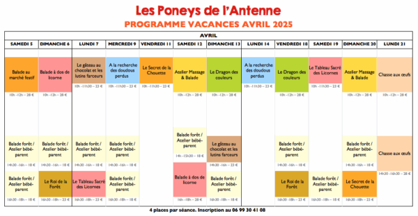 Tableau planning des vacances d'avril des poneys de l'Antenne